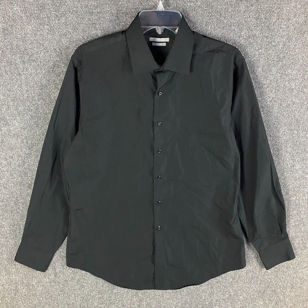 Van Heusen Button Up Shirt Men's Large Fitted 16 Polyester Blend Black‎ L